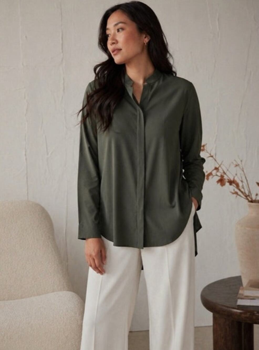 Aday Something Borrowed Shirt Medium Green Long Sleeve Stretch Tunic Blouse